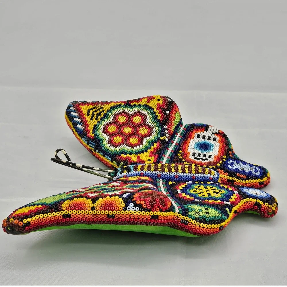 Huichol Beaded Butterfly Mexican Folk Art Multicolor Wall Decor Sculpture 6.5in